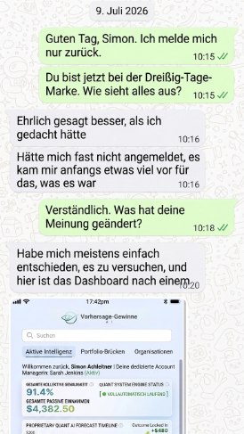 WhatsApp-Nachricht von einem Mitglied von Prediction Profits AI