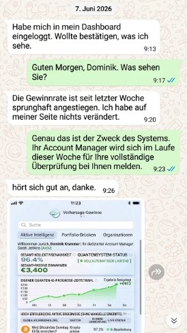WhatsApp-Nachricht von einem Mitglied von Prediction Profits AI